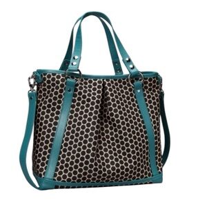 Mia Bossi Lyndsey Diaper Bag Beige & Black Dot Canvas with Turquoise Leather